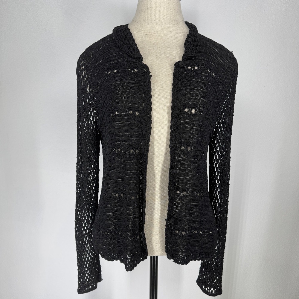 Vintage Open Hand Knit Rayon Cardigan Sweater Peter Pan Collar Black Twee Preppy
